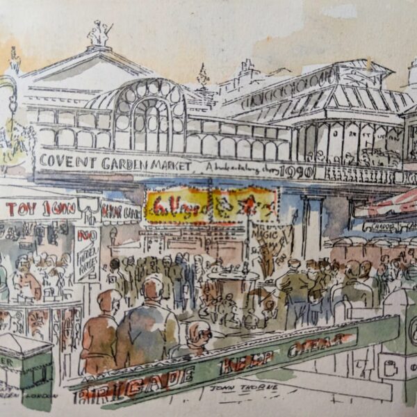 Original Watercolor + Ink English - Signed John Thorne - 1990 - Covent Garden Market - Matted Art